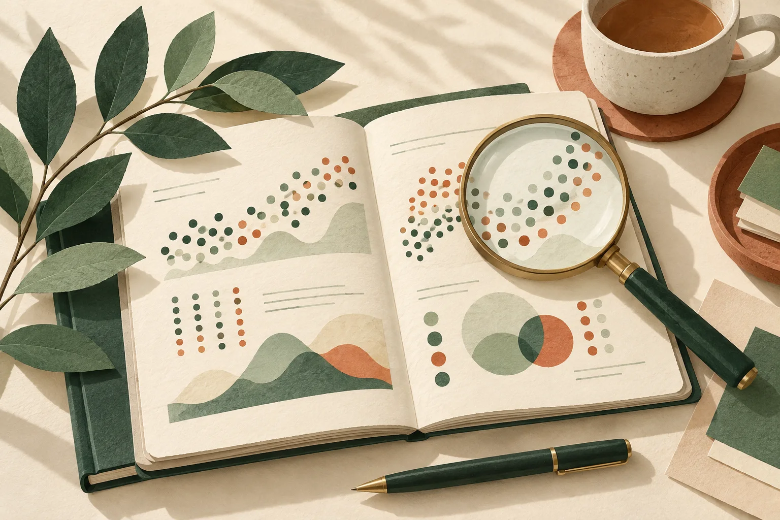 Ilustración de un cuaderno de investigación con una lupa, hojas y formas abstractas.